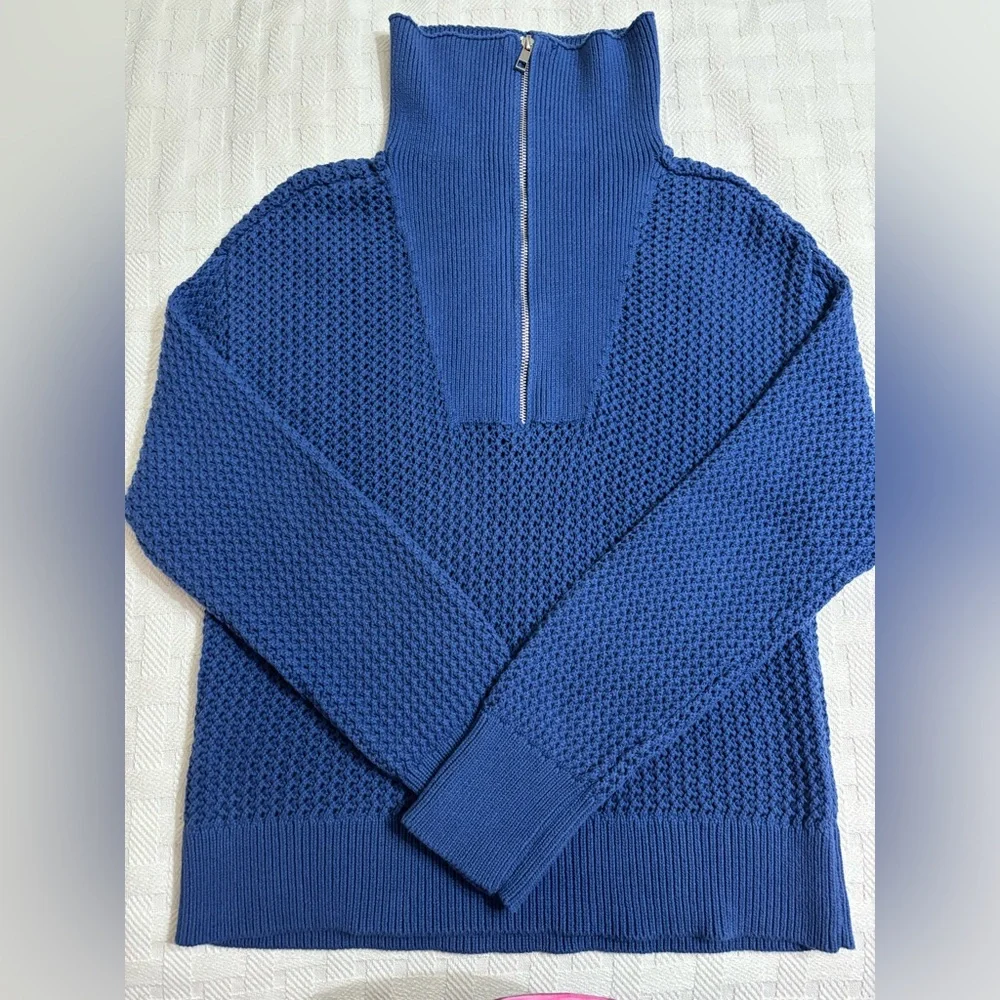 Blue Open Knit 1/4 Zip-Funnel Neck/Polo Collar- sz L Coastal Grandma Resortwear